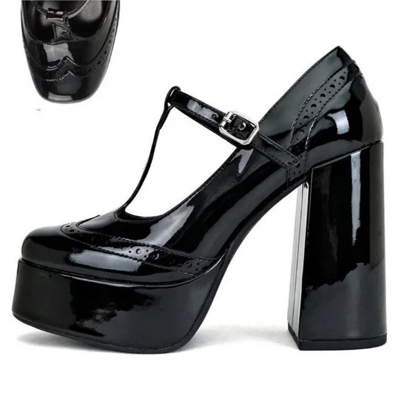 Black Patent T-Strap Mary Jane Platform Block Heel Pumps - Picture 5 of 5